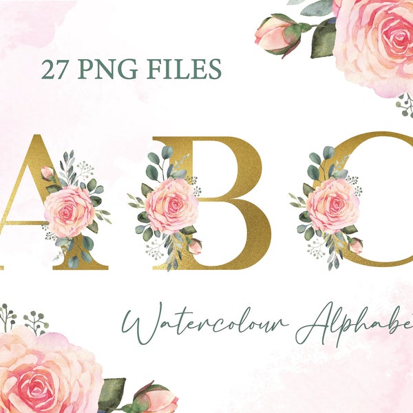 Gold Watercolour Flower Alphabet, Gold Monogram Letters, Flower Letters, Alphabet PNG, Botanical Alphabet, Wedding Font, Sublimation PNG