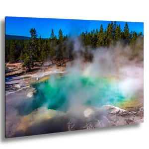 May include: A vibrant landscape photograph of a geothermal hot spring. The water is a striking turquoise color, surrounded by steam and lush green trees under a clear blue sky. The image captures the natural beauty of a geyser.