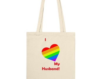 I (Heart) My Husband Premium Tote Bag, Valentine's Day Tote, Rainbpw Heart Tote