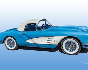 Chevrolet Corvette 1960, Amerikaanse auto's 1960, foto klassieke sportwagen, glanzende fotoprint, kunst aan de muur op uitgerekt canvas, kunst aan de muur gicleeprint