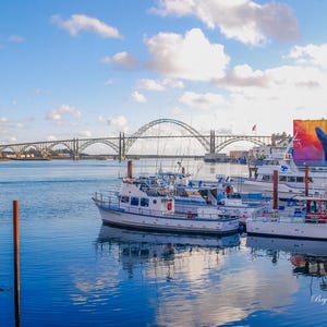 Yaquina Bay Bridge Seascape | Newport Harbor Landscape Art | Elegant Wall Decor for Home & Office | paper, canvas, metal, acrylic print