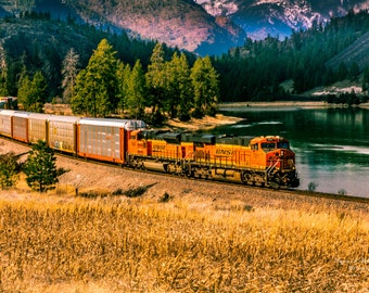 Car Train By the River, Railroad Wall Art, Mountain Scenery Wall Art, Flathead River Wall Art, Salish-Kootenai Reservation, Canvas Print
