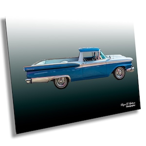 1959 Ford Ranchero Wandkunst, zweifarbiger blauer klassischer LKW-Druck, Retro-Auto-Dekor, Vintage Ford-Sammlerkunstwerk