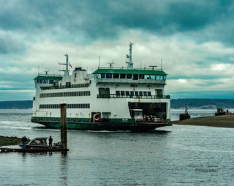 Färjan Salish fotografisk väggkonst, Whidbey Island foto, Washington State fotografi, Färjefotografi, Vardagsrumskonst