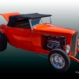 Orange 1932 Ford Roadster Hot Rod Photo, Iconic Vintage Car Art, Classic American Hot Rod, Bold Retro Automotive Decor