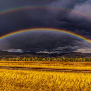 Pode incluir: Um arco-íris duplo se curva sobre um campo de grama dourada, com nuvens de tempestade escuras ao fundo. O arco-íris é vibrante e colorido, com um toque de verde no arco inferior.