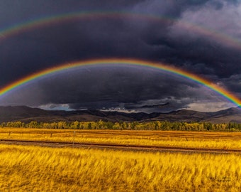 Hope in the Storm, Double Rainbow Photo, Storm Photography, Montana Scenery, Farm Country Landscape