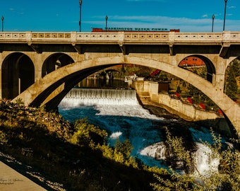 Spokane Falls Washington, Historic Monroe Street Bridge Photo, Washington State Scenery, Spokane River Photography