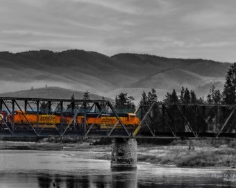 Crossing the Flathead River Bridge, Historic Railroad Bridge, Montana Landscape Photography, Montana River Photo, BNSF Train