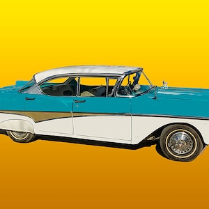 May include: A turquoise and white 1950s vintage car with chrome accents. The car is parked against a yellow background.