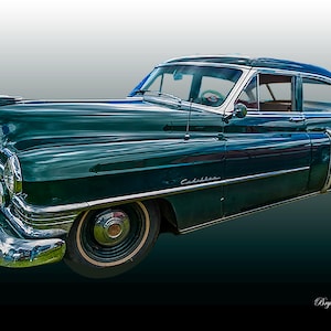 1952 Cadillac Series 62 Sedan, Oldtimer-Wandkunst, grüner Vintage Cadillac, Fotodruck auf Satinpapier, gespannte Leinwand, Acryl, Metall