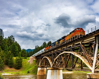 Crossing the Clark Fork, Railroad Art Print, BNSF Wall Art, Clark Fork River Bridge, Locomotive on Bridge, Large Wall Art, Photo Home Décor