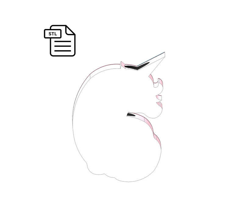 May include: A 3D printable STL file for a unicorn cookie cutter. The design is a side profile of a unicorn with a horn, mane, and tail.