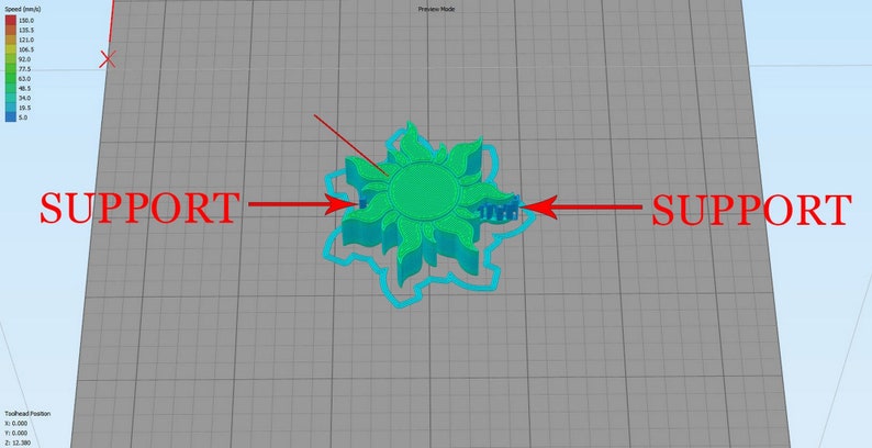 May include: A 3D printed model of a sun with a blue outline. The model is printed in green and teal colors. The image shows the model with support structures on the left and right sides. The text "SUPPORT" is written in red on both sides of the model.