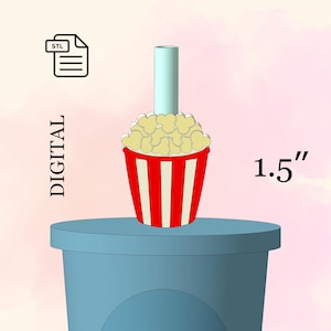 May include: A digital design of a popcorn container with red and white stripes, filled with popcorn, and a light blue cylinder. The design is 1.5 inches tall and the word "DIGITAL" is printed vertically on the left side.