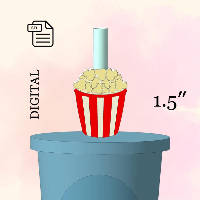 May include: A digital design of a popcorn container with red and white stripes, filled with popcorn, and a light blue cylinder. The design is 1.5 inches tall and the word "DIGITAL" is printed vertically on the left side.