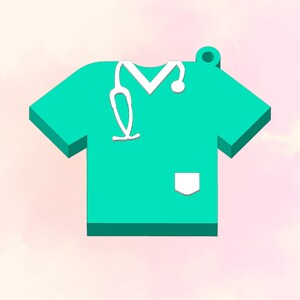 May include: A teal green scrub top with a white pocket and a white stethoscope hanging around the neck.