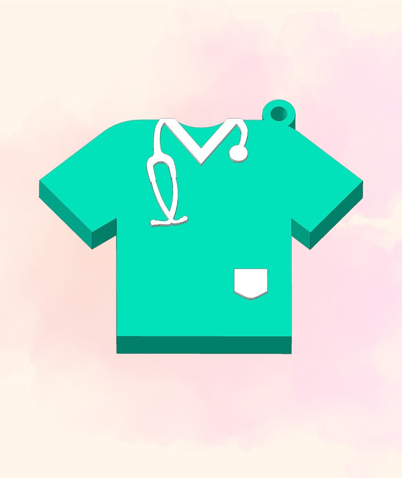 May include: A teal green scrub top with a white pocket and a white stethoscope hanging around the neck.