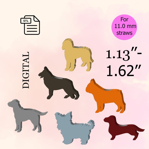 Favorite Pets Straw Topper STL File for 3D Printing, for 11.00 Straws, Dogs, Yorkie, Labrador, Golden Doodle, Dachshund, Bulldog, Shepard.