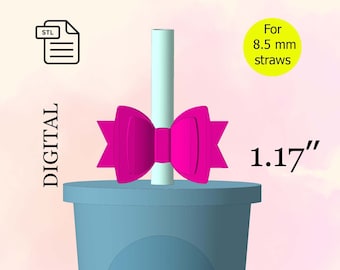 Pode incluir: Um arquivo STL para download digital para um topper de canudo em forma de laço rosa impresso em 3D para canudos de 8,5 mm. O topper tem 1,17 polegadas de altura e é projetado para caber no topo de uma xícara.
