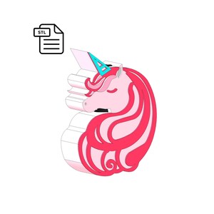May include: A 3D printable STL file for a unicorn head with a pink body, red mane, and a blue horn. The file is for a 3D printer.