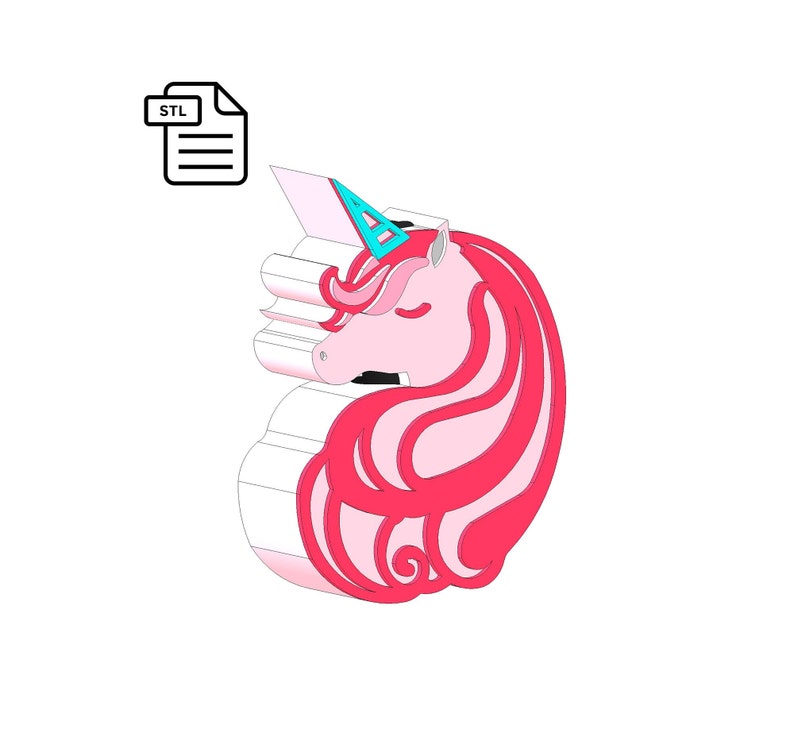 May include: A 3D printable STL file for a unicorn head with a pink body, red mane, and a blue horn. The file is for a 3D printer.