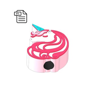 May include: A 3D printable STL file for a pink unicorn head with a blue horn. The unicorn head has a hole in the bottom for hanging.