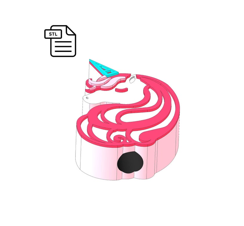 May include: A 3D printable STL file for a pink unicorn head with a blue horn. The unicorn head has a hole in the bottom for hanging.