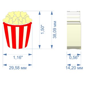 May include: A cartoon illustration of a popcorn container with measurements. The red and white striped container is filled with popcorn. The container is 1.16 inches wide and 1.50 inches tall. The total height of the image is 1.50 inches.