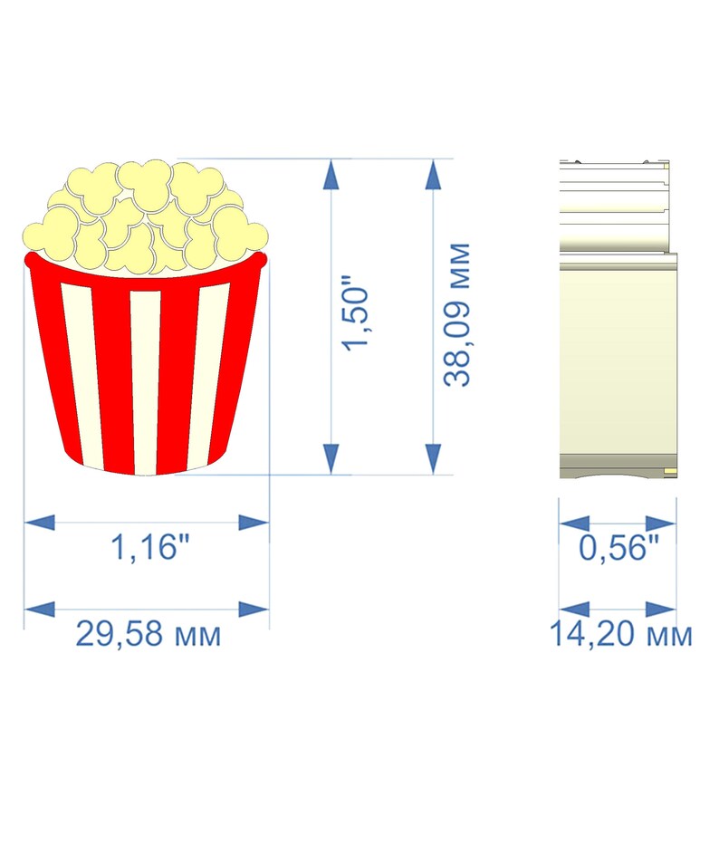 May include: A cartoon illustration of a popcorn container with measurements. The red and white striped container is filled with popcorn. The container is 1.16 inches wide and 1.50 inches tall. The total height of the image is 1.50 inches.