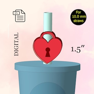 May include: A red heart-shaped straw topper with a keyhole design, attached to a light blue straw. The image includes the text "For 10.0 mm straws" and "1.5". The straw topper is placed on a blue cup. The word "DIGITAL" is also in the image.