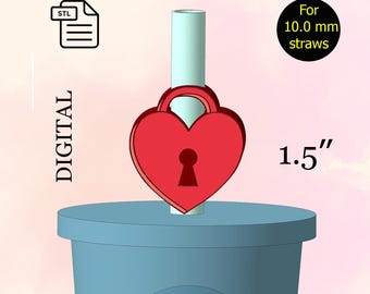 May include: A red heart-shaped straw topper with a keyhole design, attached to a light blue straw. The image includes the text "For 10.0 mm straws" and "1.5". The straw topper is placed on a blue cup. The word "DIGITAL" is also in the image.