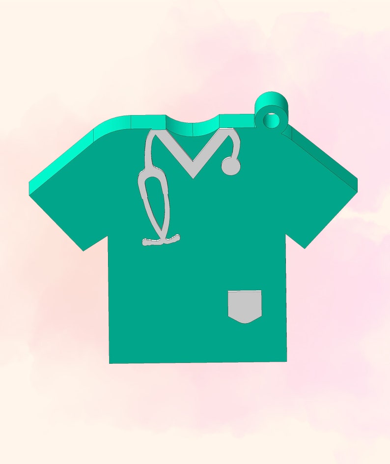 May include: A teal green scrub top with a white pocket and a white stethoscope outline. The scrub top has a loop at the top for hanging.