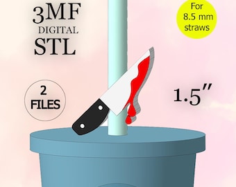 Bloody Scary Knife, Halloween Straw Topper STL/3MF Files for 3D printing, 8.5 mm, Scary Accessory.