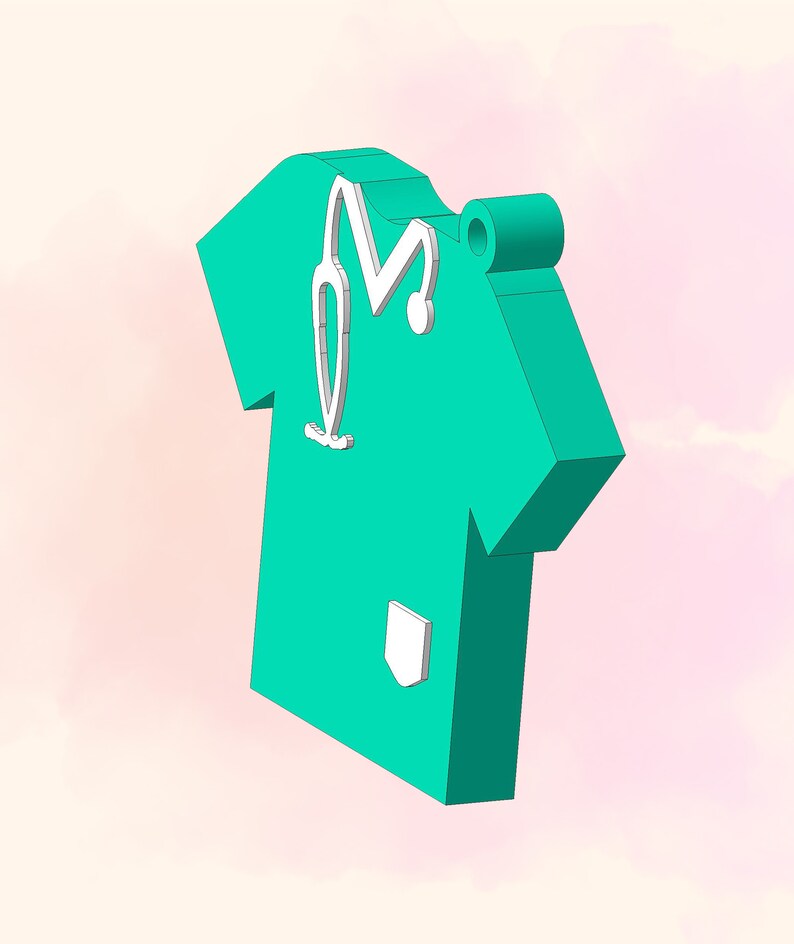 May include: A teal green scrub top with a white stethoscope and a white pocket. The scrub top is a 3D model and has a hole at the top for hanging.