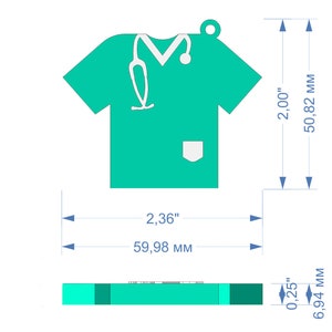 May include: Teal green scrub top keychain with a white stethoscope and pocket. The keychain is 5.08 cm tall and 5.98 cm wide.