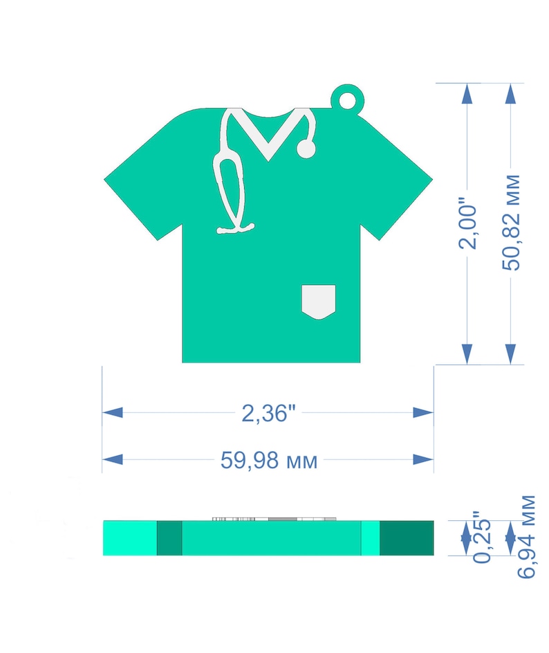 May include: Teal green scrub top keychain with a white stethoscope and pocket. The keychain is 5.08 cm tall and 5.98 cm wide.