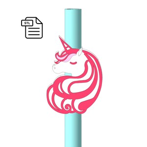 May include: A 3D printable STL file for a unicorn head straw topper. The topper is pink and white with a light blue straw.