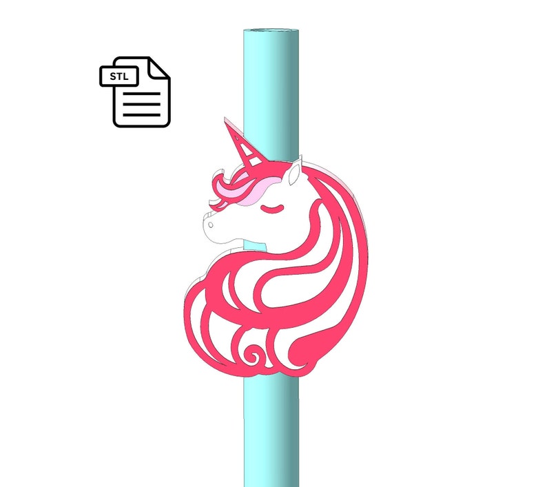 May include: A 3D printable STL file for a unicorn head straw topper. The topper is pink and white with a light blue straw.