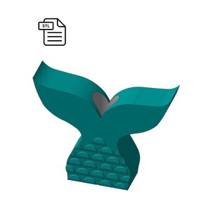 May include: A teal blue mermaid tail 3D printed model with a heart-shaped cutout. The tail has a textured pattern of scales.