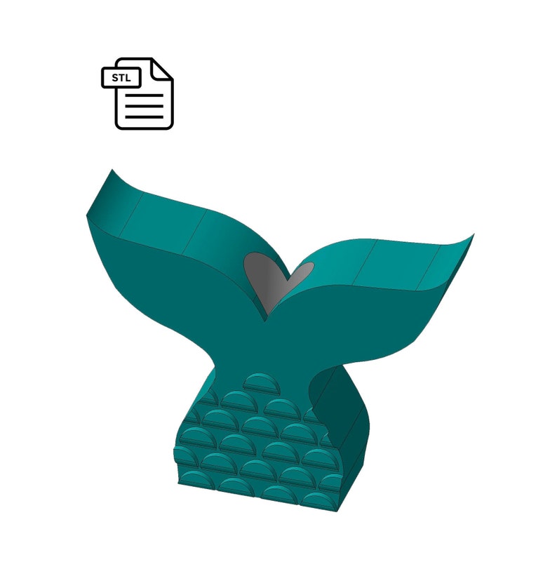 May include: A teal blue mermaid tail 3D printed model with a heart-shaped cutout. The tail has a textured pattern of scales.