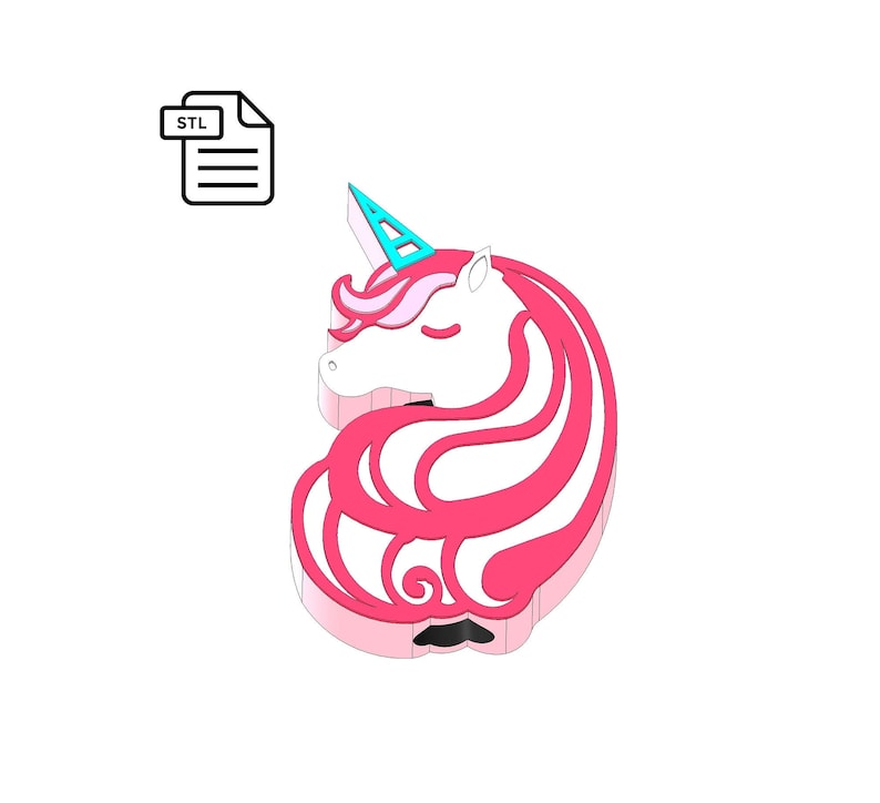 May include: A 3D printable STL file for a pink and white unicorn head with a blue horn. The unicorn is curled up with its eyes closed.