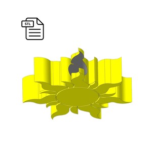 May include: A 3D printable STL file for a yellow sun with a gray flame design. The sun has a circular center and eight rays.