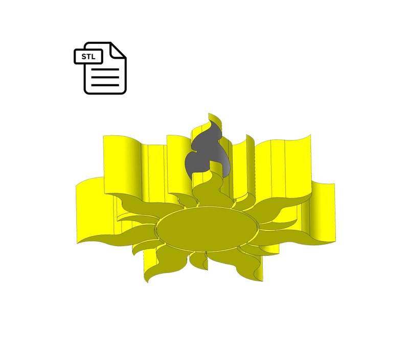 May include: A 3D printable STL file for a yellow sun with a gray flame design. The sun has a circular center and eight rays.