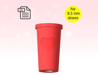Könnte beinhalten: Wiederverwendbarer roter Becher mit einem Herz-Ausschnitt. STL-Datei zum 3D-Druck. Für 8,5 mm Strohhalme.