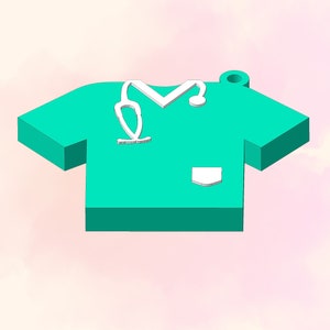 May include: A teal green scrub top with a white stethoscope outline. The scrub top has a white pocket on the front.