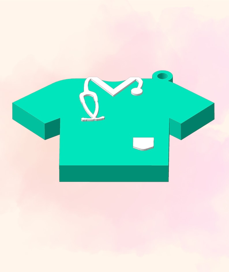 May include: A teal green scrub top with a white stethoscope outline. The scrub top has a white pocket on the front.