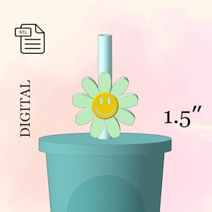 Op de afbeelding: Een 3D-printbaar STL-bestand voor een 3,8 cm hoge groene madeliefje met een geel smiley-gezicht. De bloem is ontworpen om te worden gebruikt als een strohalmtopper voor een beker.