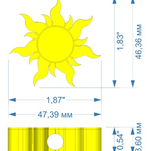May include: A yellow sun with 16 rays, measuring 1.87 inches in diameter and 1.83 inches in height. The sun is surrounded by a yellow ring with a hole in the center, measuring 0.54 inches in diameter and 1.3 inches in height.