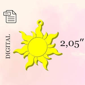 Könnte beinhalten: Eine digitale STL-Datei zum Download für einen 2,05 Zoll großen gelben Sonnenanhänger mit einem Sternburst-Design.
